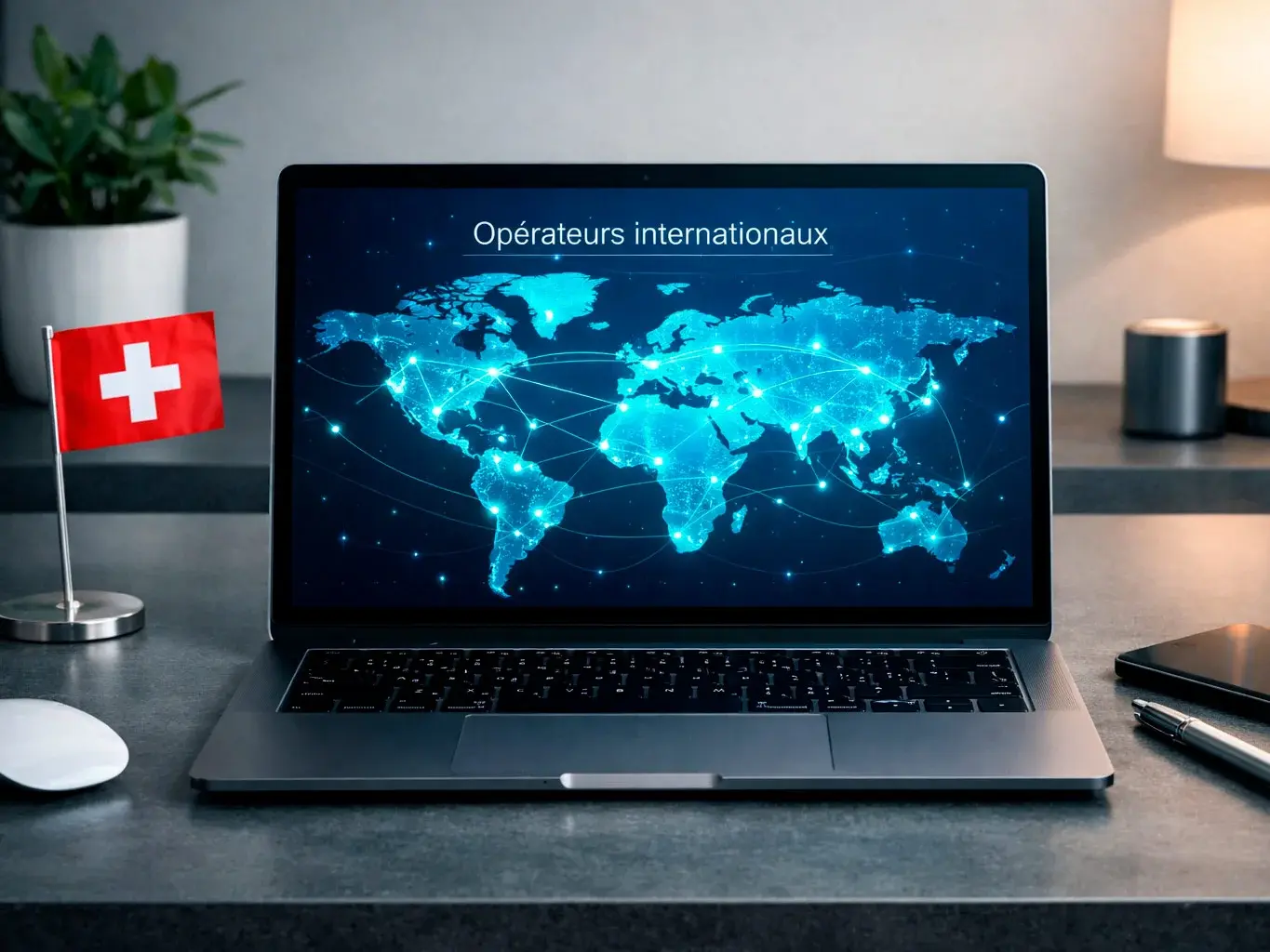 Laptop zeigt internationale Verbindungen auf einer Weltkarte