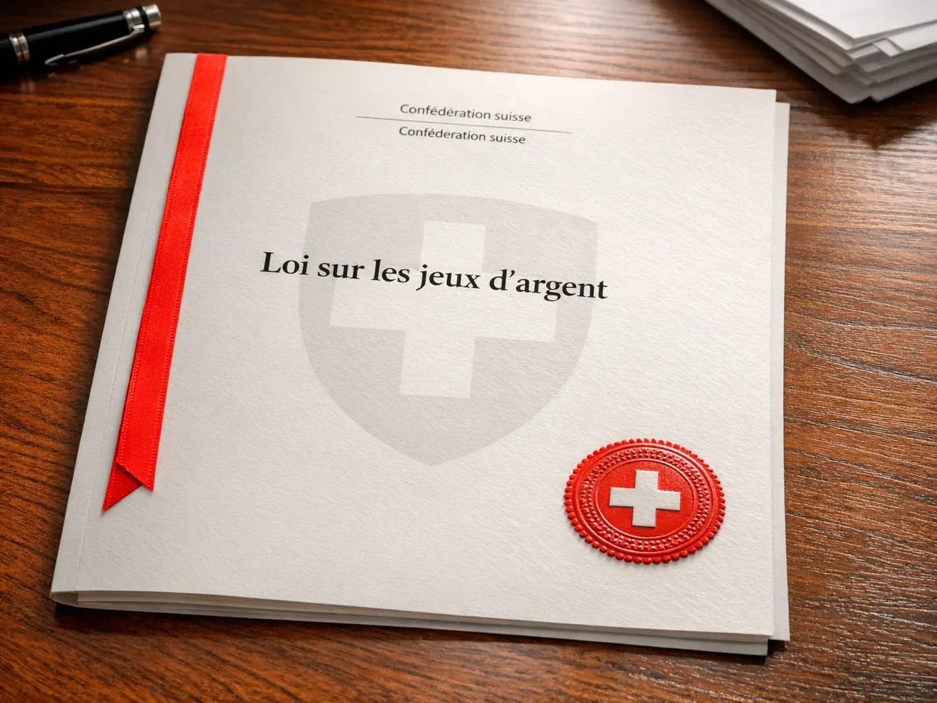 Offizielles Schweizer Dokument mit Schweizer Kreuz symbolisiert das Geldspielgesetz