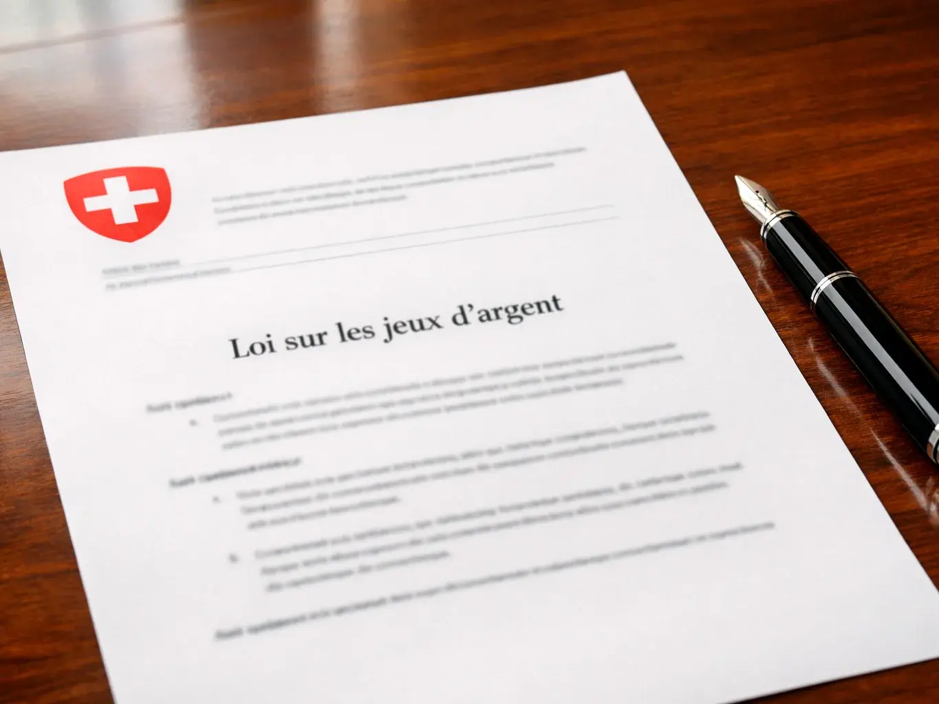 Offizielles Schweizer Regierungsdokument mit Schweizer Kreuz auf einem Holzschreibtisch