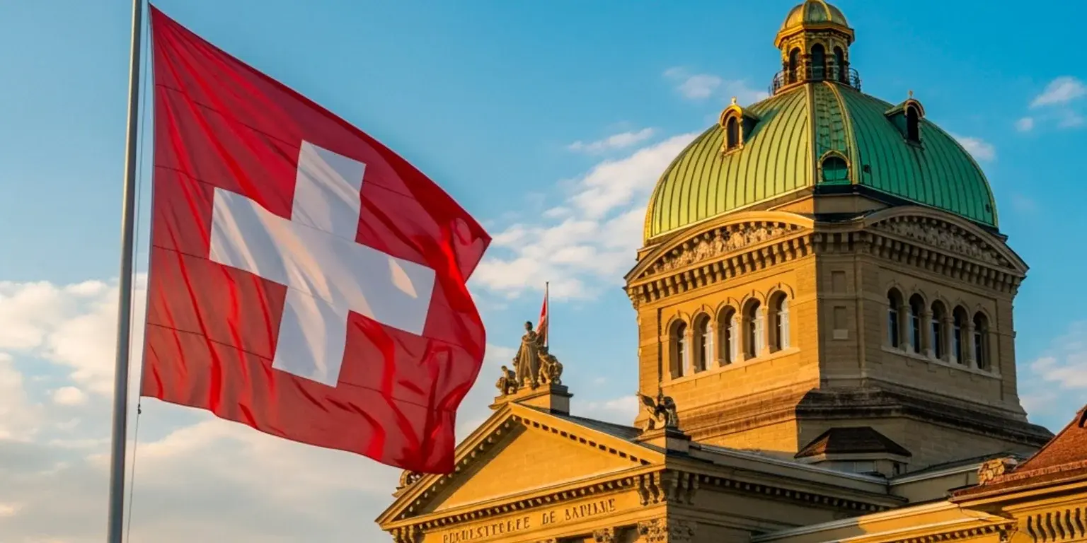 Schweizer Bundeshaus in Bern mit wehender Schweizer Flagge