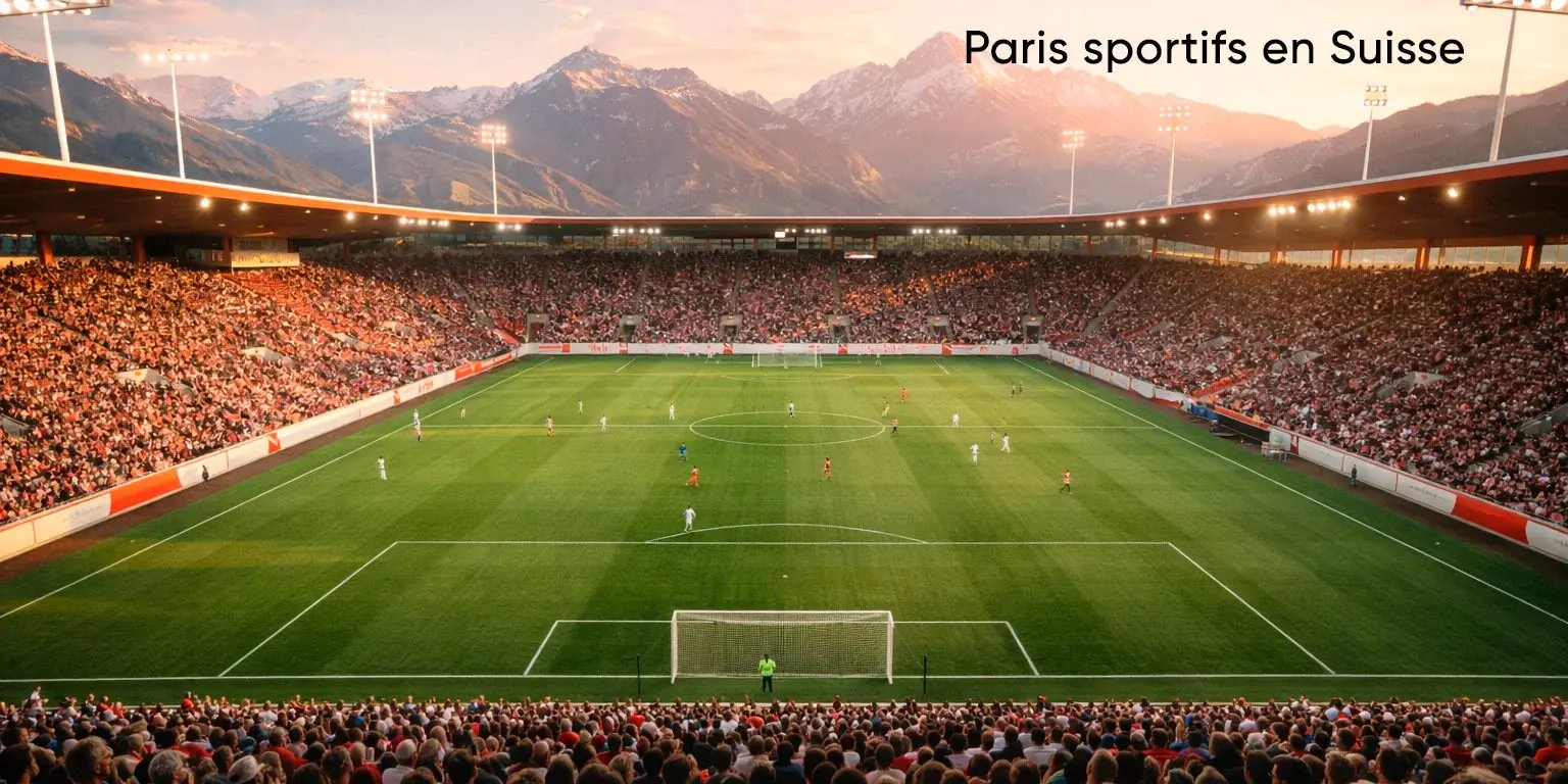 Schweizer Stadion mit Sportwetten-Atmosphäre und Alpen im Hintergrund