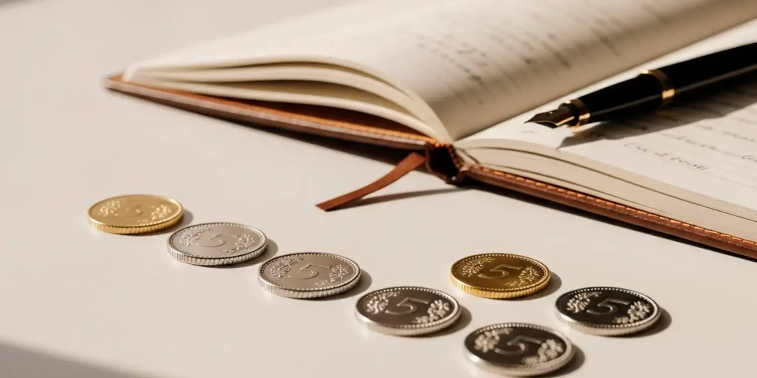 Schweizer Franken Münzen und Notizbuch auf einem Schreibtisch