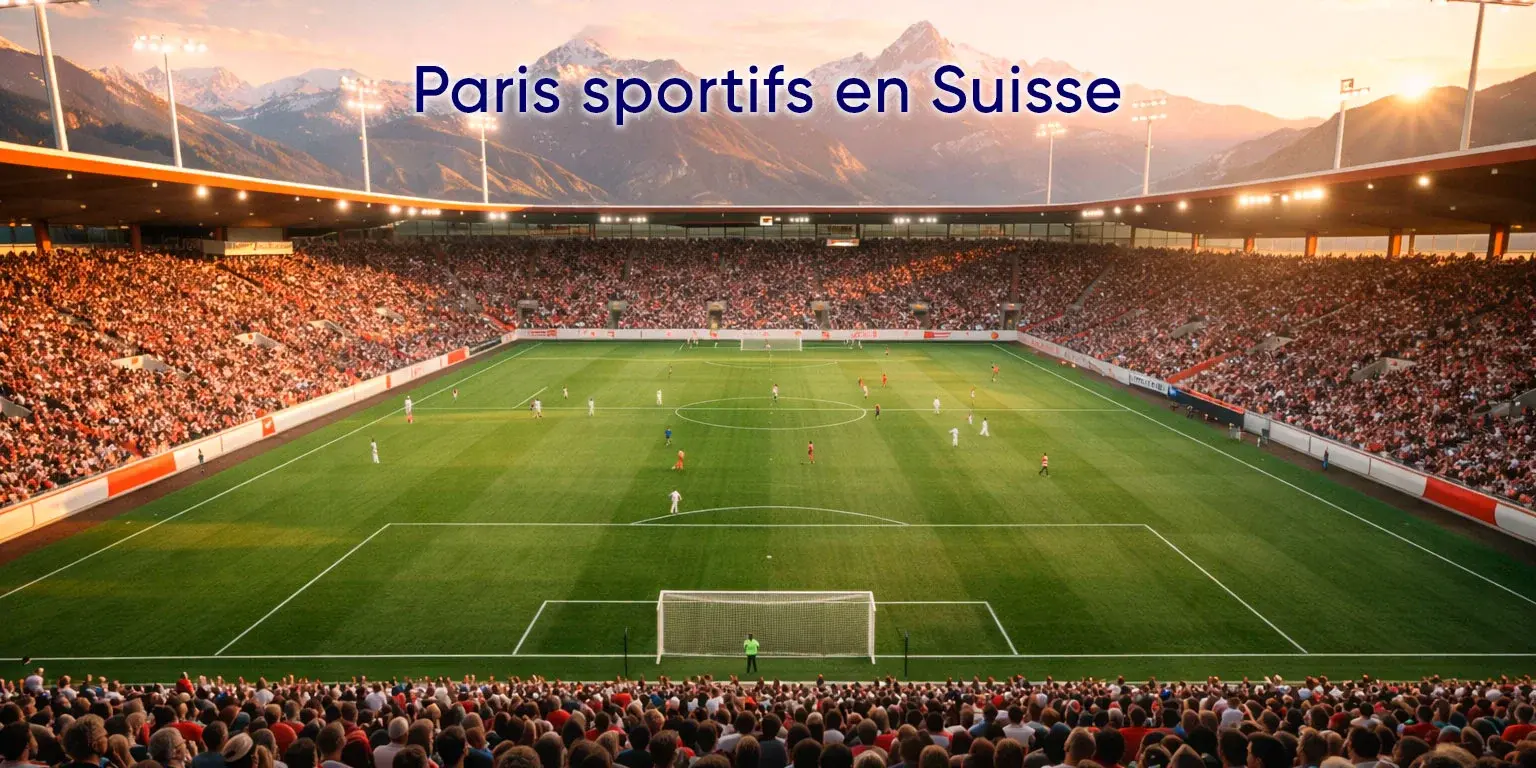 Schweizer Fussballstadion bei Sonnenuntergang mit Blick auf das Spielfeld und die Alpen im Hintergrund