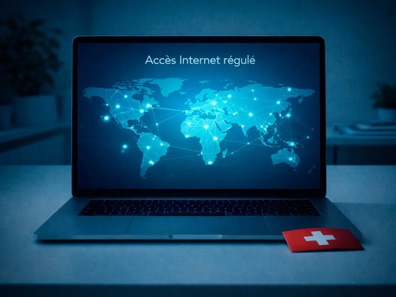 Laptop mit Weltkarte und Netzwerkverbindungen in einem modernen Buro