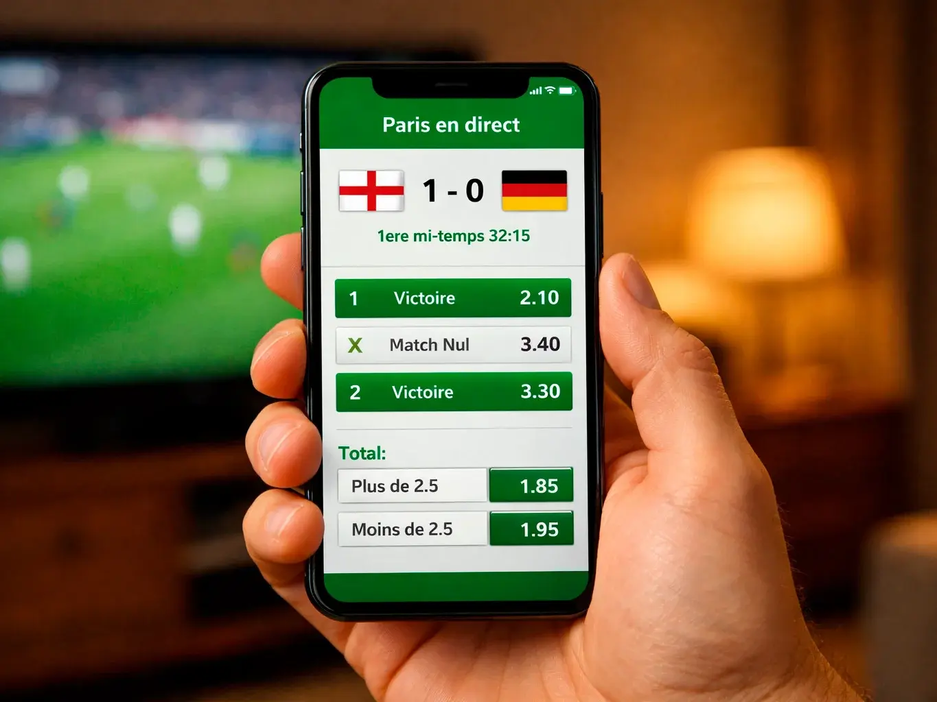 Smartphone zeigt Livewetten-Interface während eines Fussballspiels