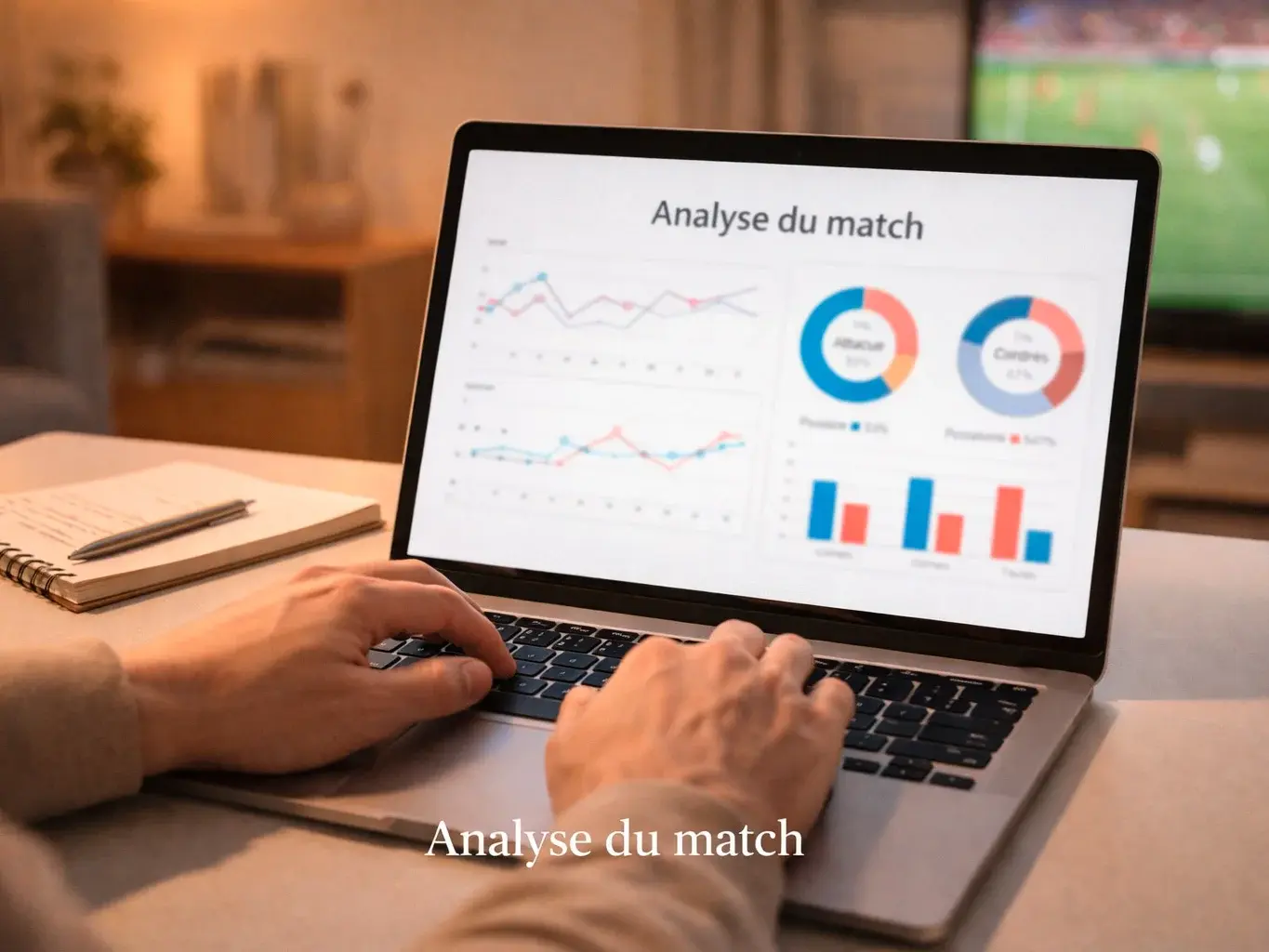 Person analysiert Sportstatistiken auf dem Laptop während eines Spiels