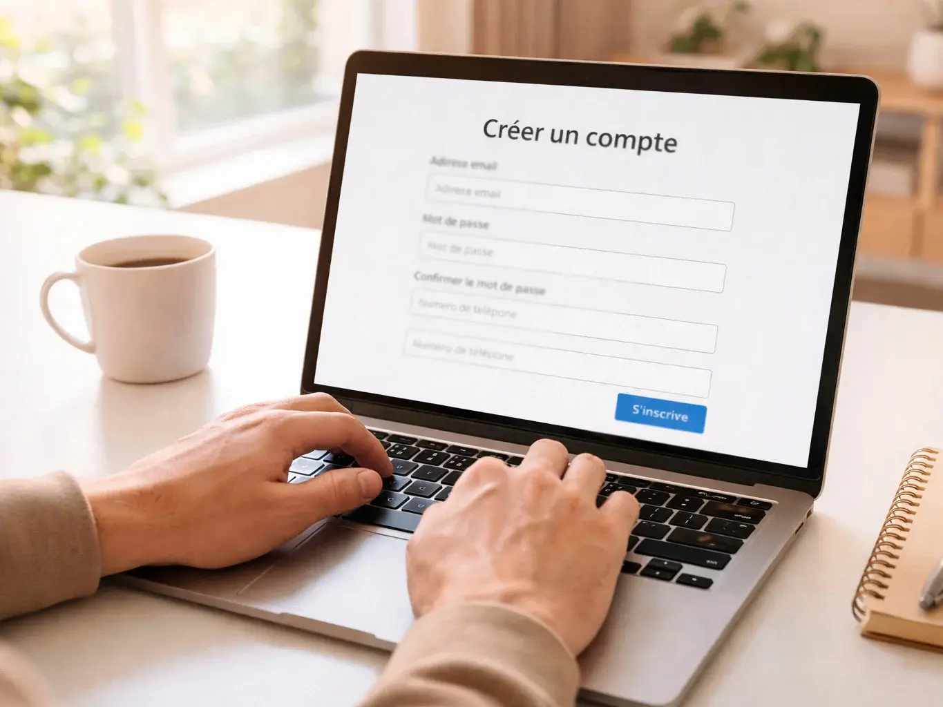 Person nutzt Laptop für Online-Registrierung in einem modernen Büro