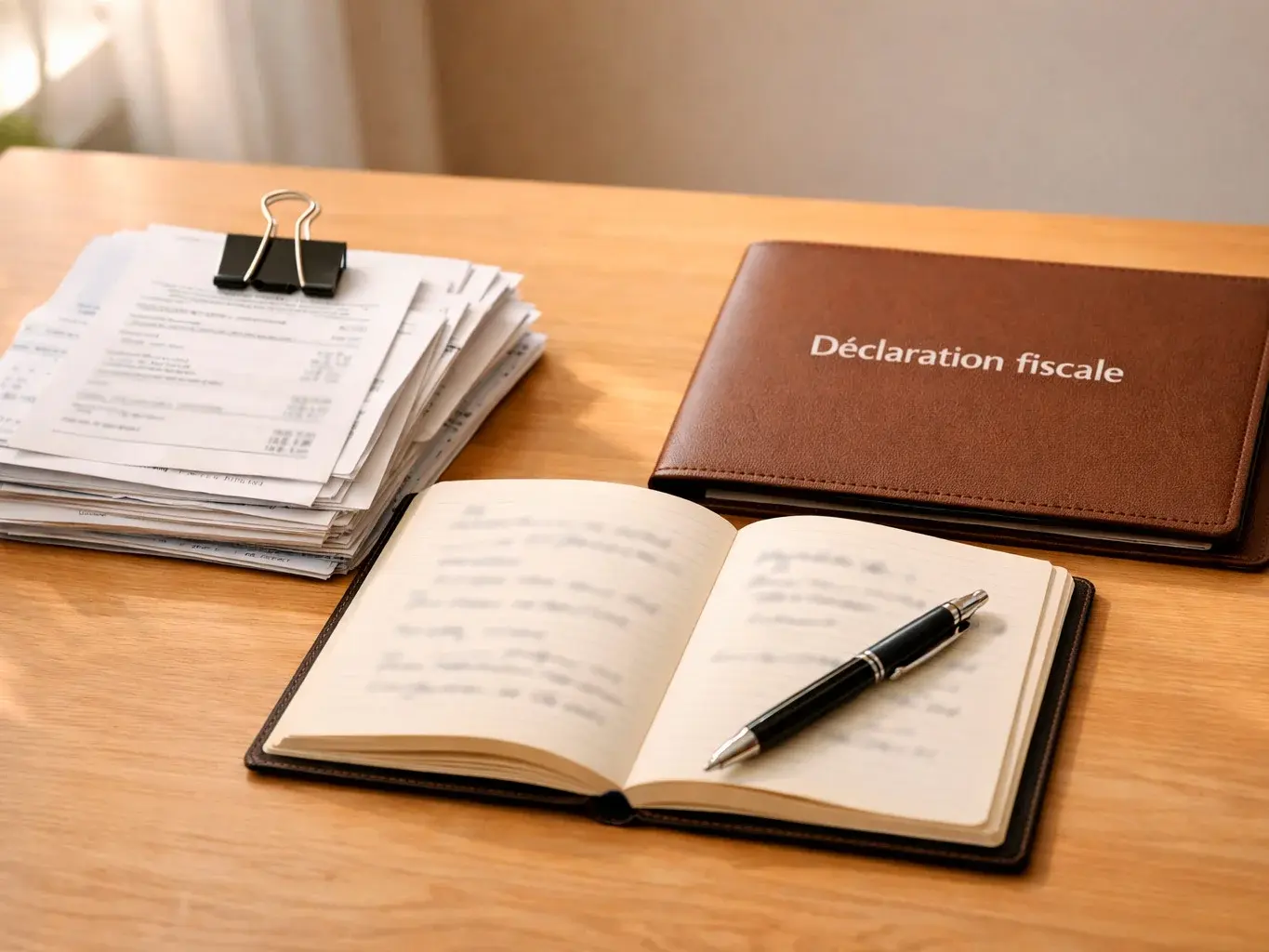 Notizbuch mit Stift und Dokumenten für die Steuererklärung