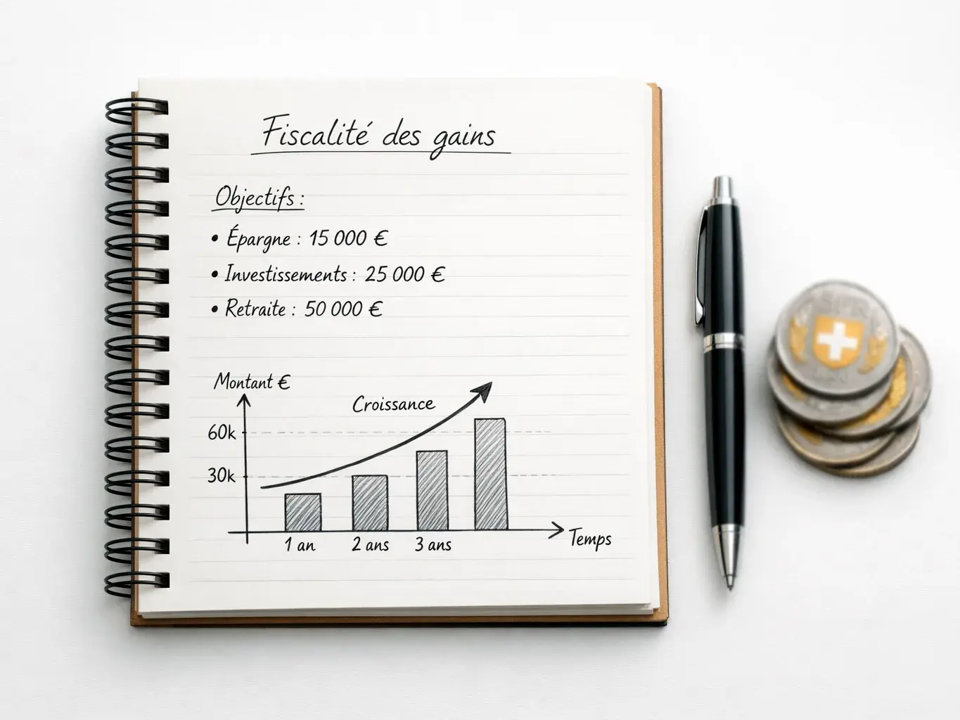 Finanzplanung mit Notizbuch und Schweizer Franken Münzen auf einem weissen Schreibtisch