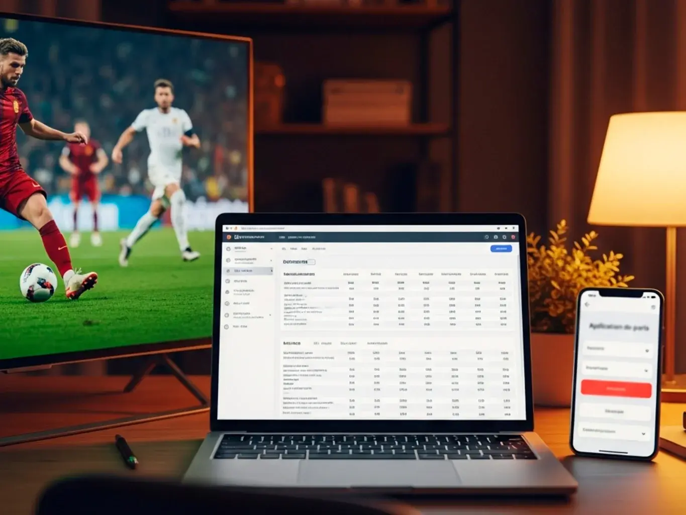 Modernes Setup mit Laptop, Smartphone und Fernseher für Livewetten