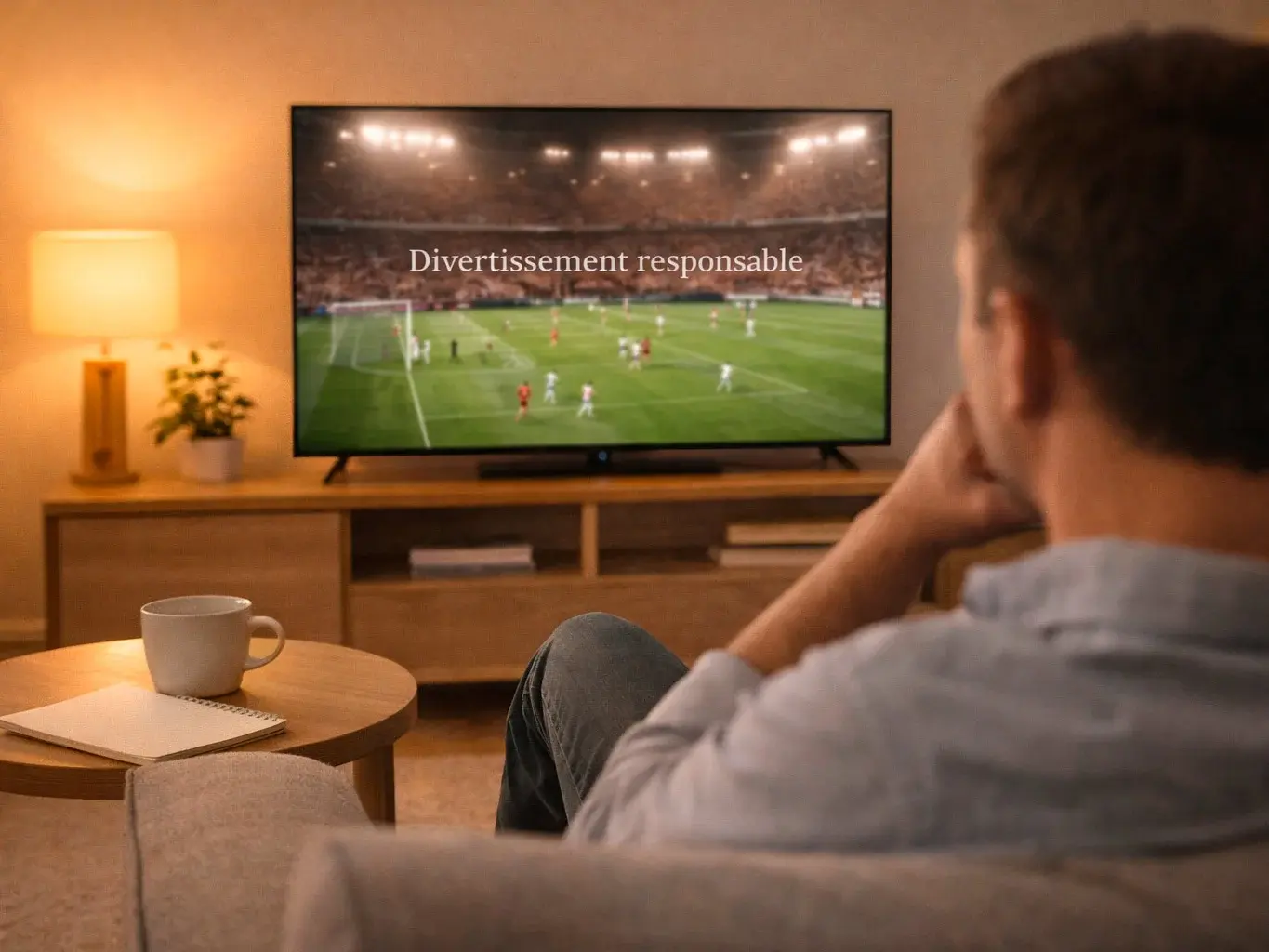 Person geniesst entspannt ein Fussballspiel auf dem Fernseher als Freizeitbeschäftigung