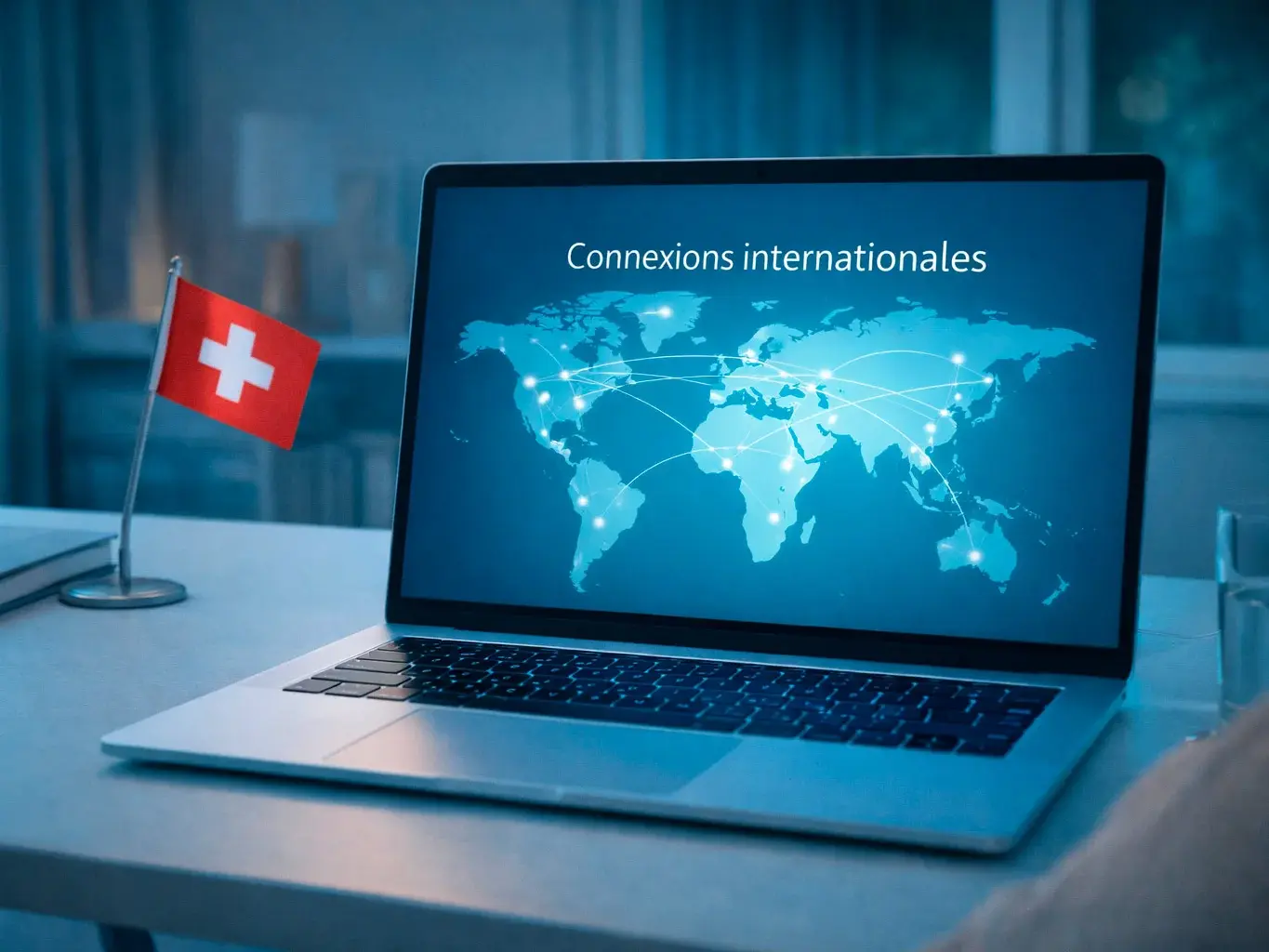 Laptop mit Weltkarte und Netzwerkverbindungen symbolisiert internationale digitale Verbindungen